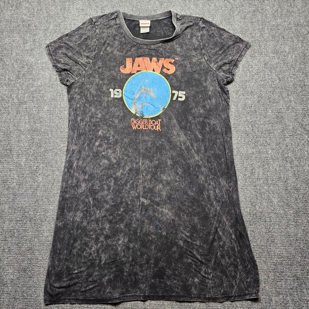 Jaws Movie Graphic T-Shirt Dress Acid Wash Grey Bigger Boat World Tour Size 2